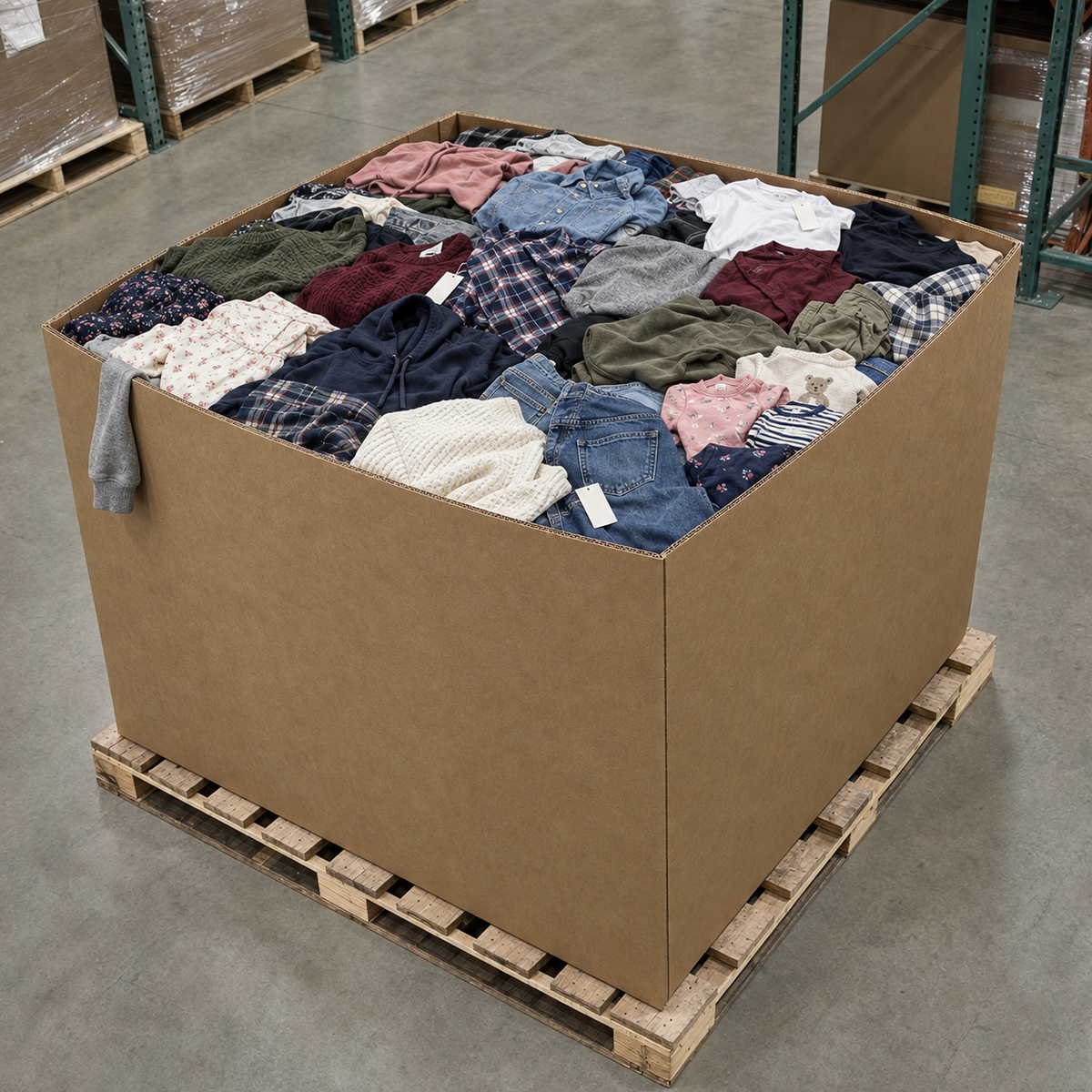 Mixed Clothing Pallet - representative photo of a loaded 48x40 inch gaylord box on a pallet. Contents vary.