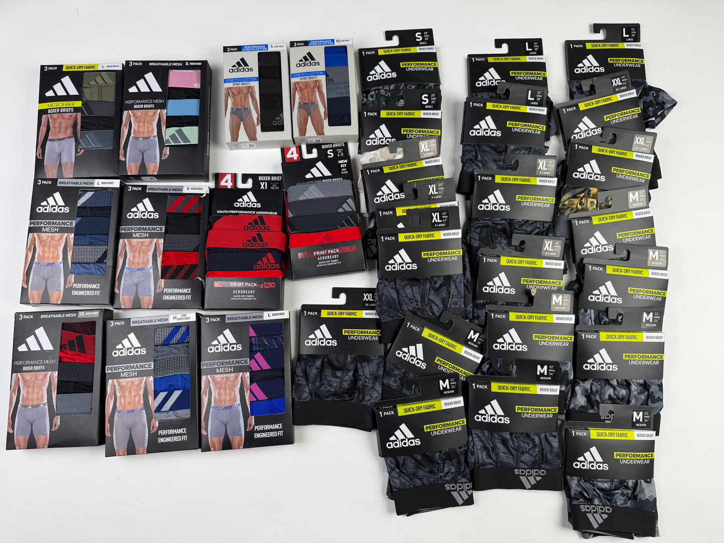 Adidas Underwear Lot of 32 Packages, NWT, Assorted Sizes and Styles