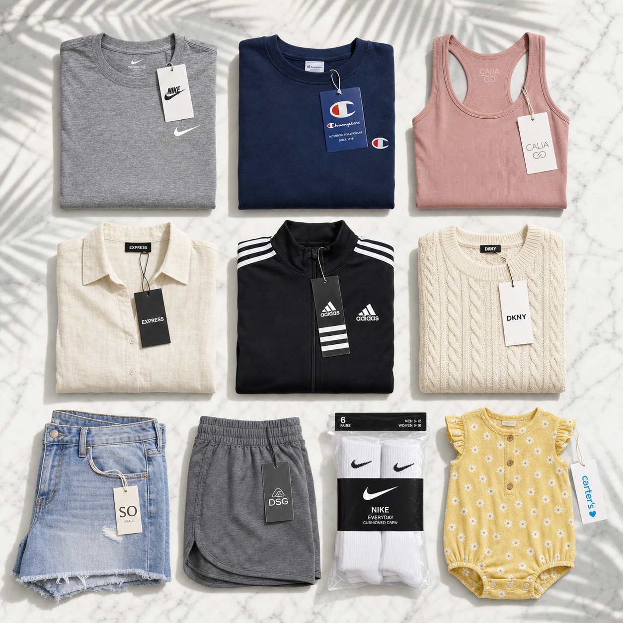 10-item mixed apparel bundle featuring Nike, Champion, Calia, Express, Adidas, DKNY, SO, DSG, and more