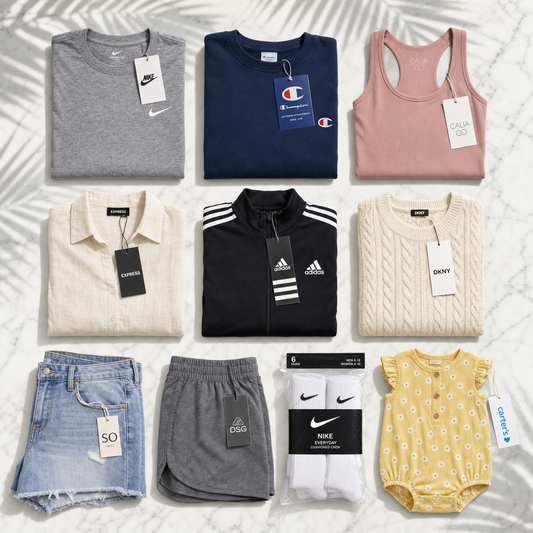 10-item mixed apparel bundle featuring Nike, Champion, Calia, Express, Adidas, DKNY, SO, DSG, and more