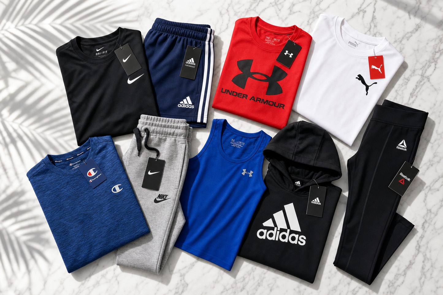 Assorted kids' athletic apparel flat-lay