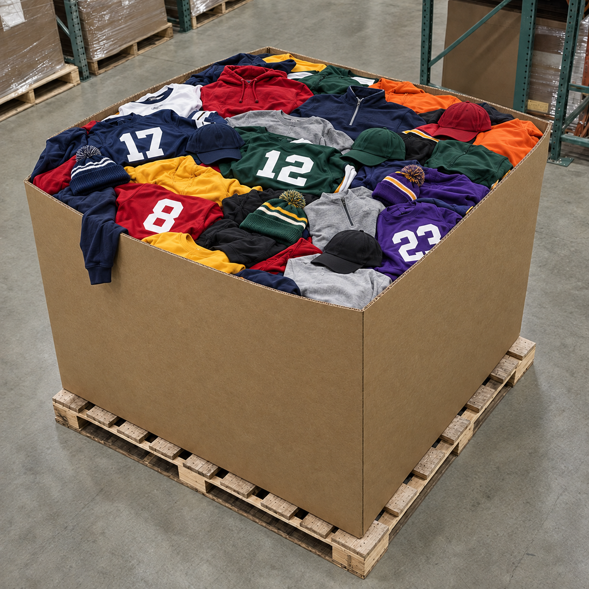 Mixed Fan Gear Pallet - representative photo of a loaded 48x40 inch gaylord box on a pallet. Contents vary.