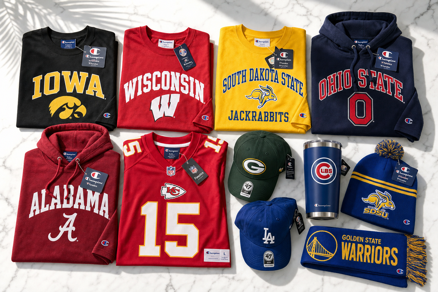 Assorted licensed sports fan gear flat-lay