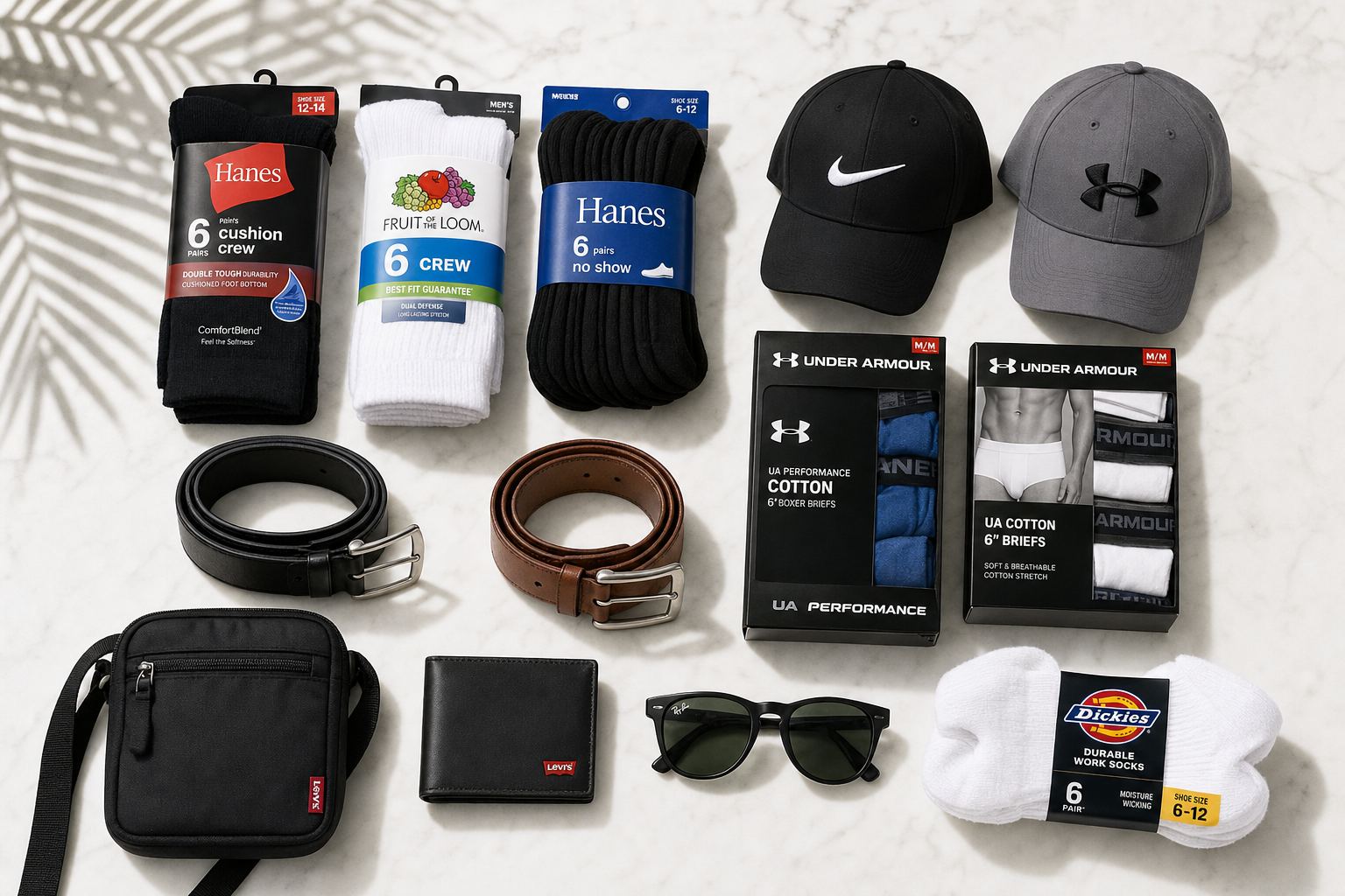 Assorted men's accessories flat-lay