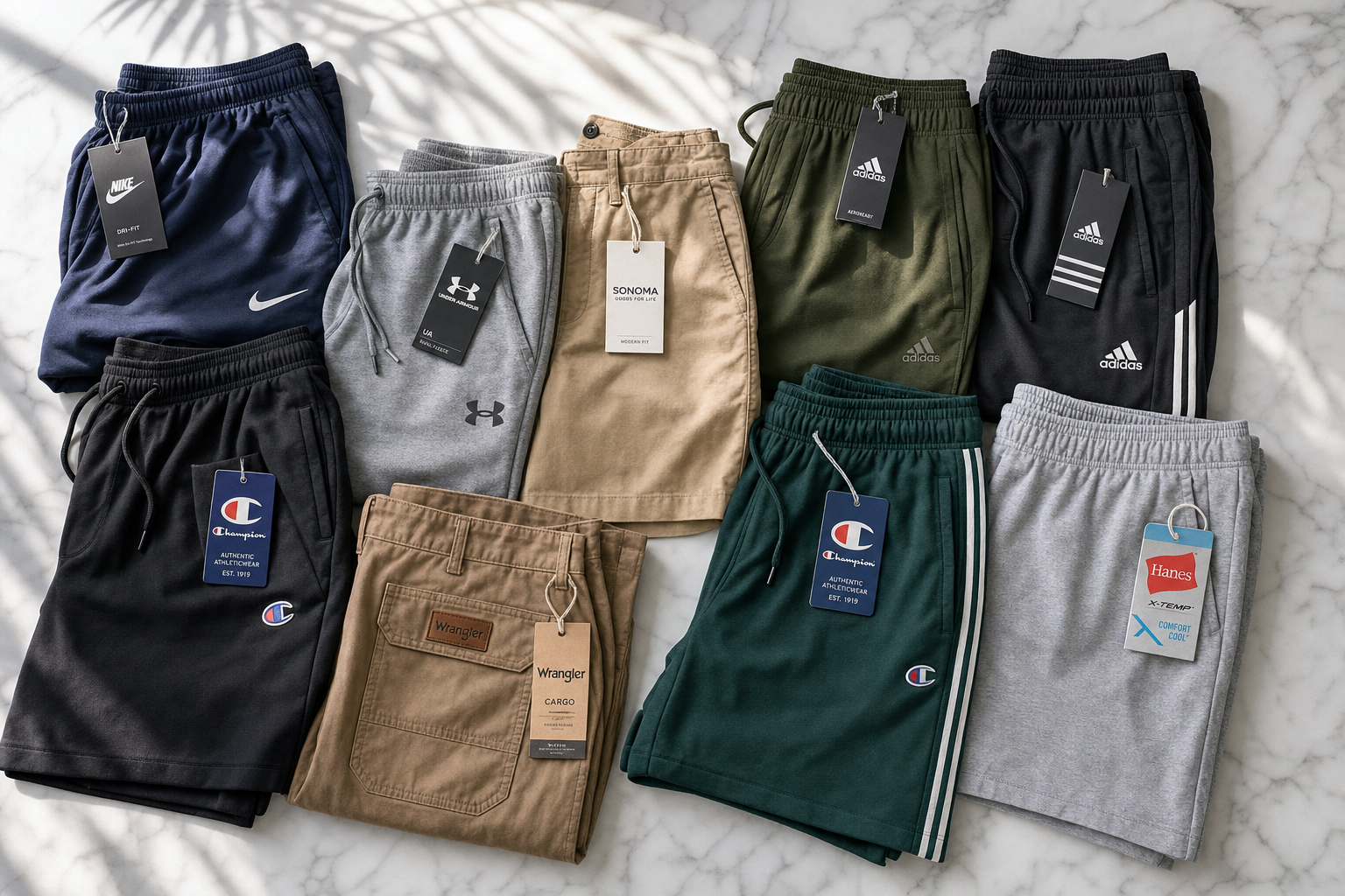 Assorted men's pants and shorts flat-lay