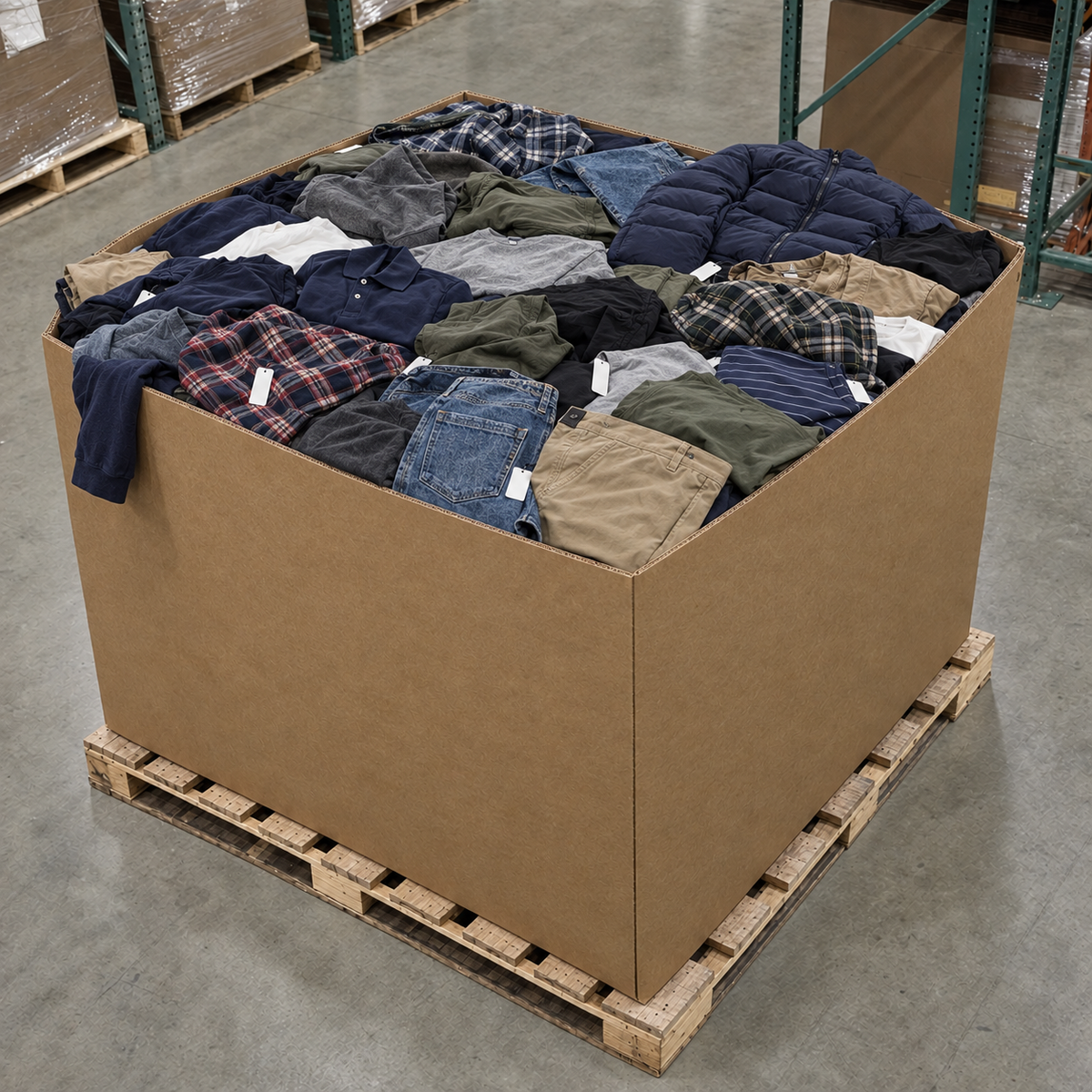 Men's Clothing Pallet - representative photo of a loaded 48x40 inch gaylord box on a pallet. Contents vary.