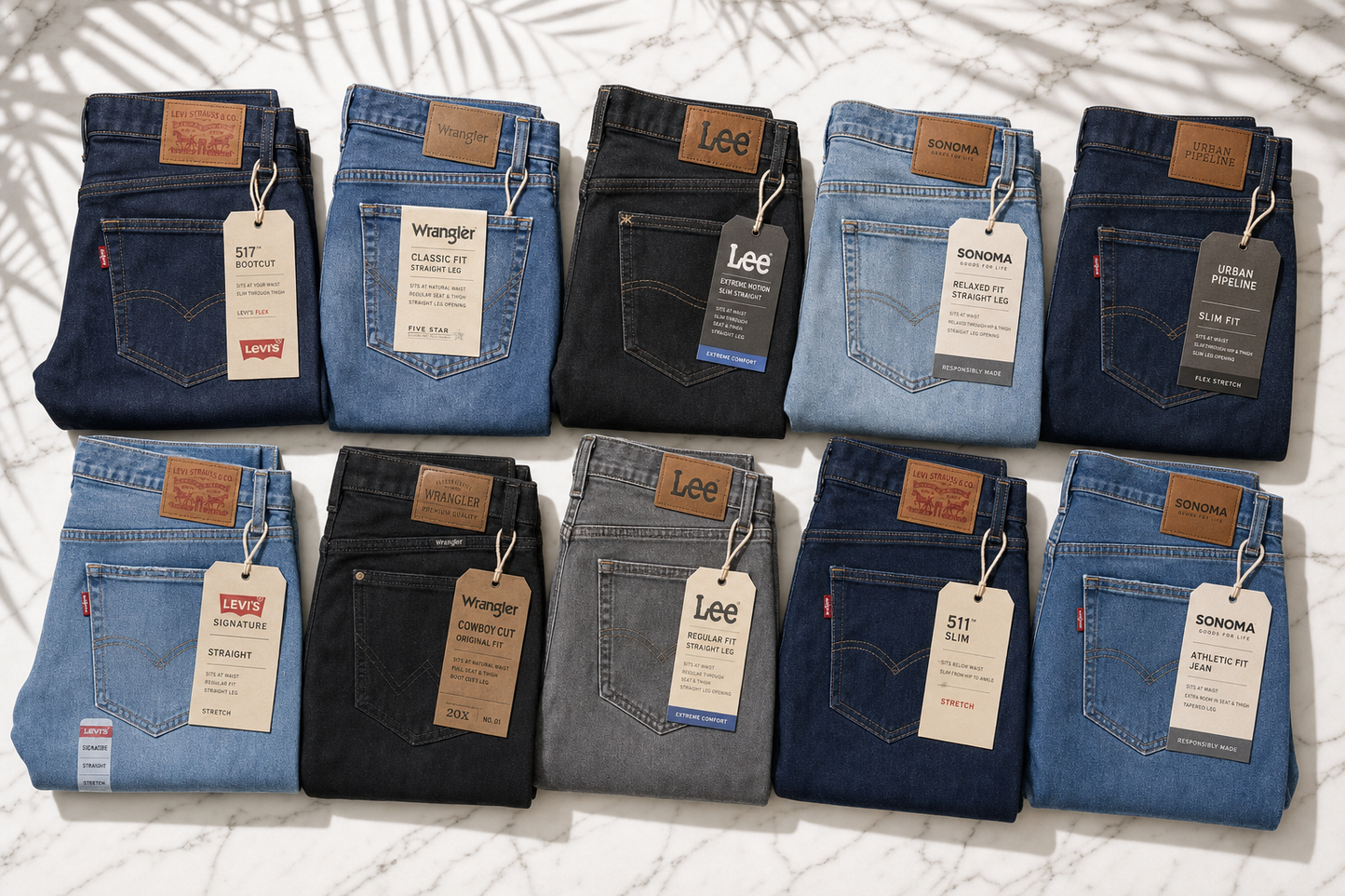 Assorted men's jeans flat-lay