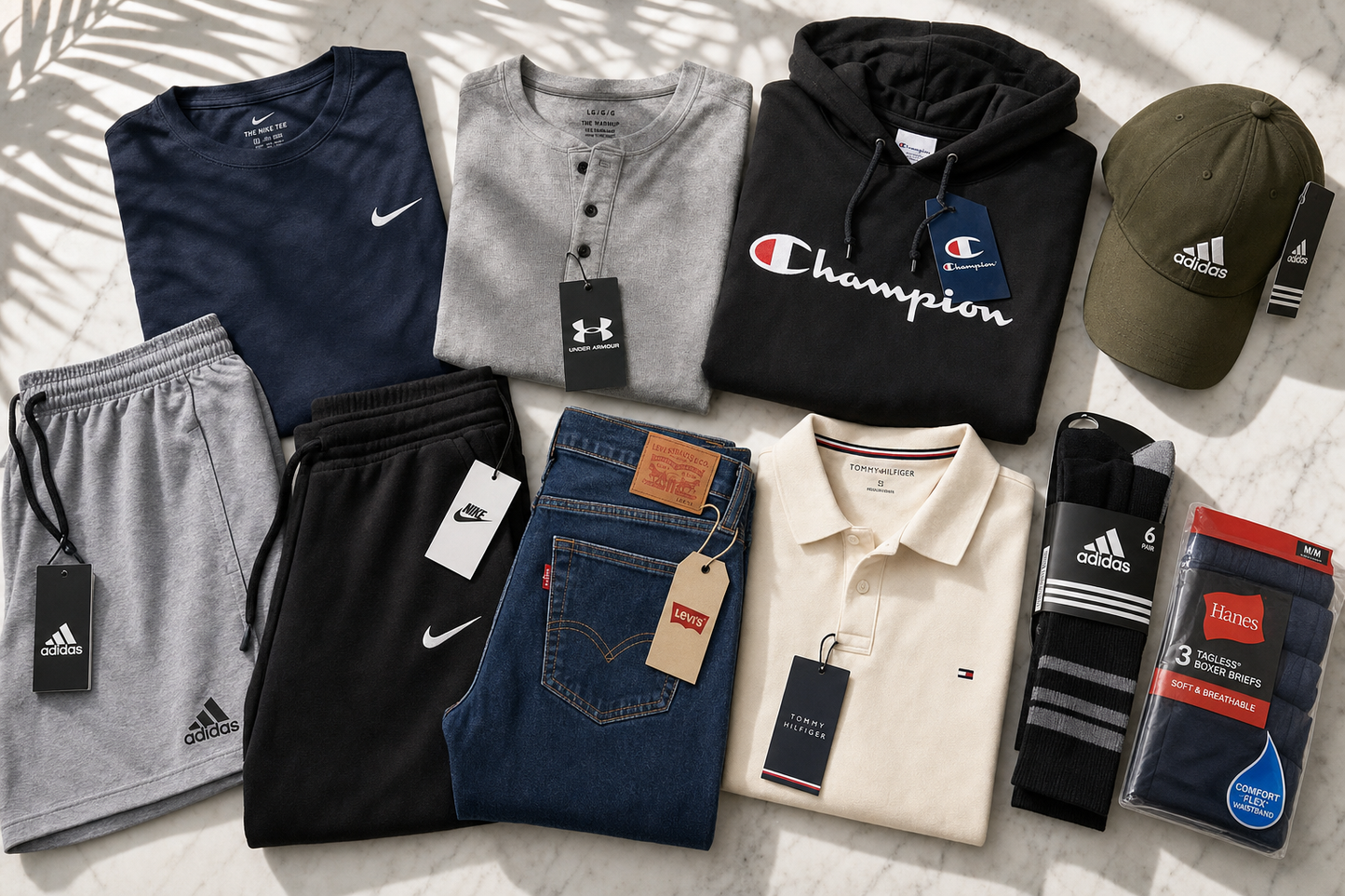 Assorted men's apparel flat-lay