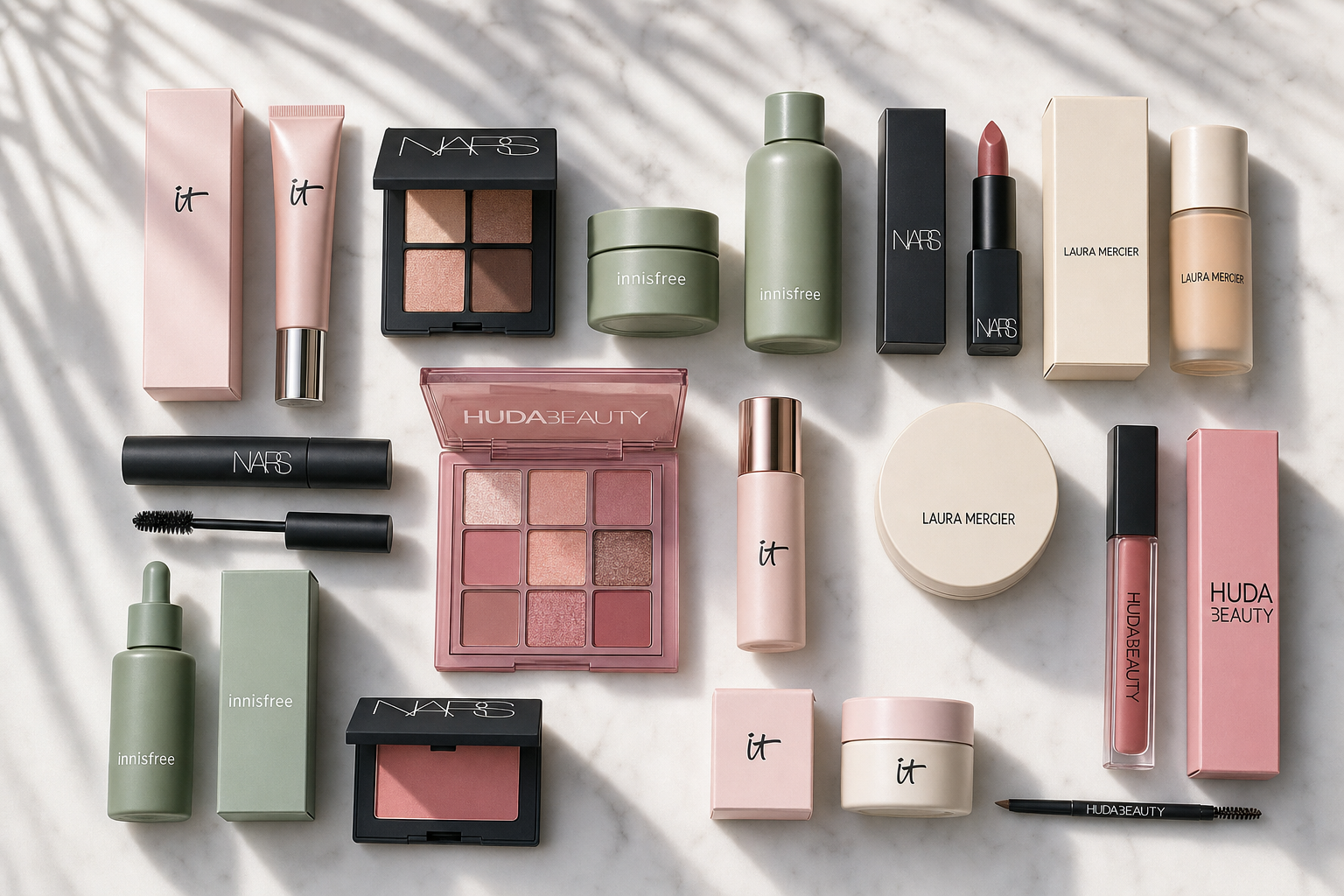 Assorted prestige cosmetics flat-lay