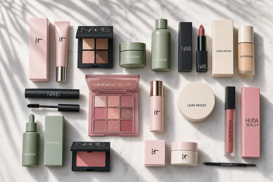 Assorted prestige cosmetics flat-lay
