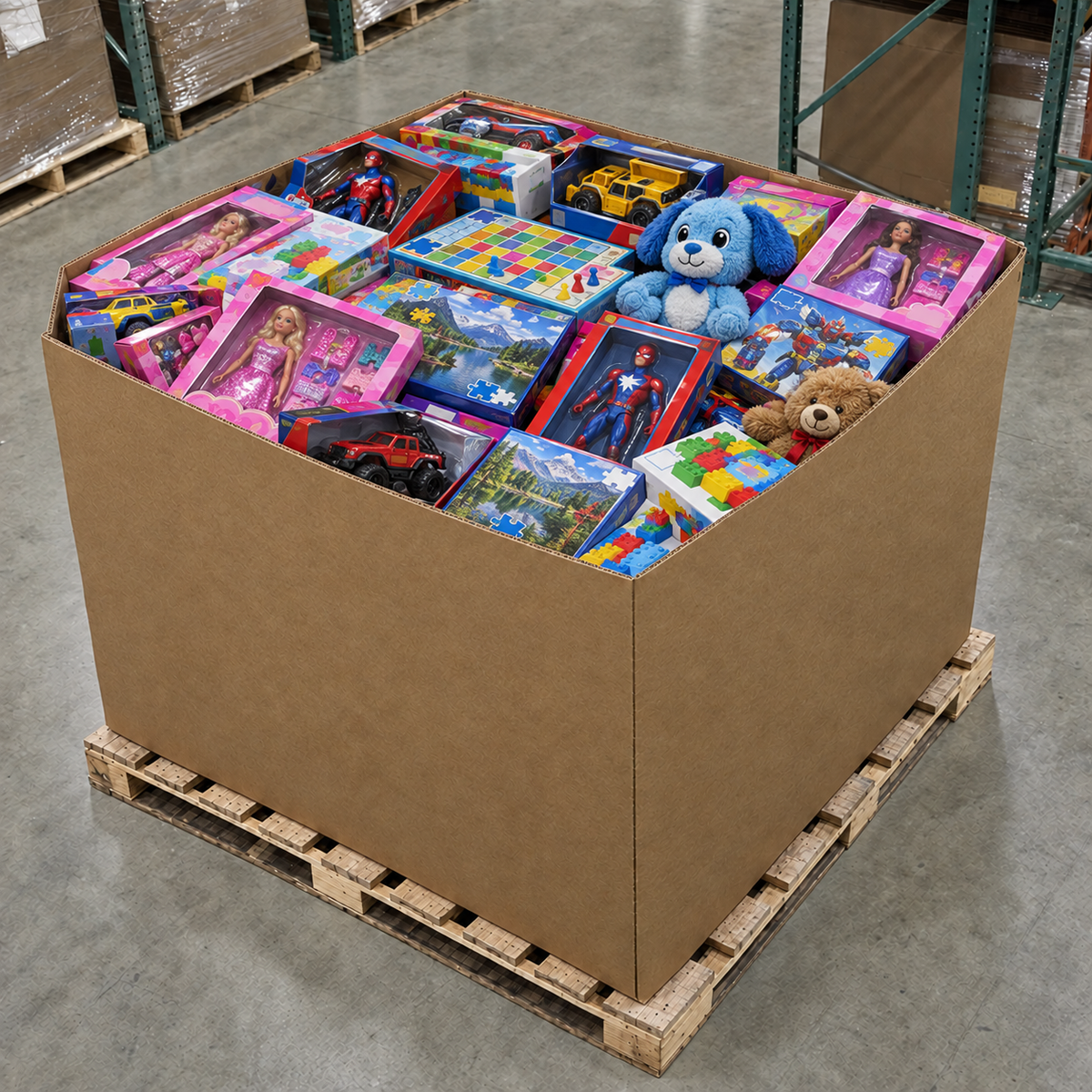 Toys Pallet - representative photo of a loaded 48x40 inch gaylord box on a pallet. Contents vary.