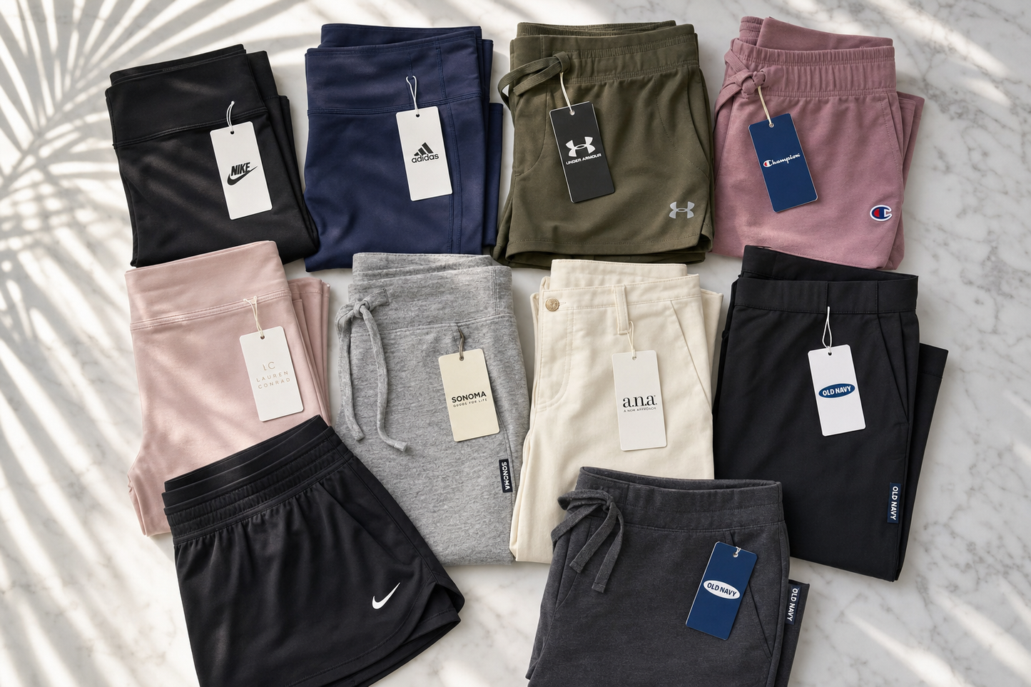 Assorted women's pants, leggings and shorts flat-lay