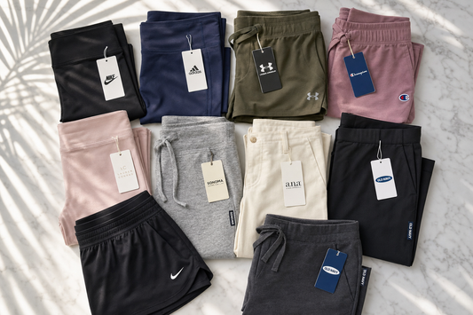 Assorted women's pants, leggings and shorts flat-lay