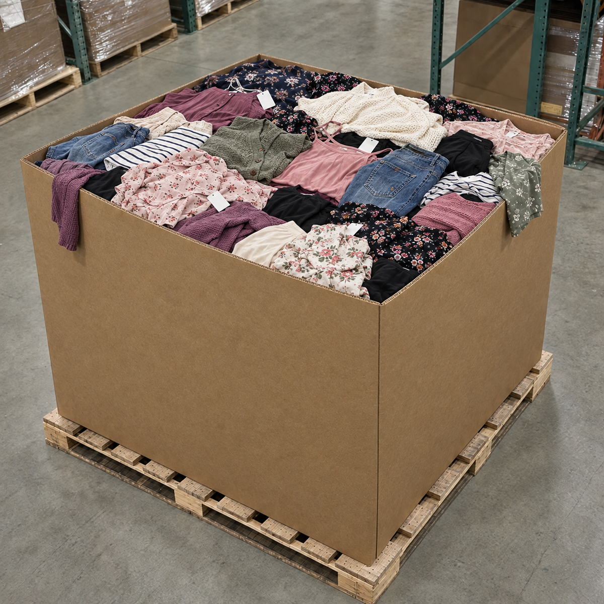 Women's Clothing Pallet - representative photo of a loaded 48x40 inch gaylord box on a pallet. Contents vary.