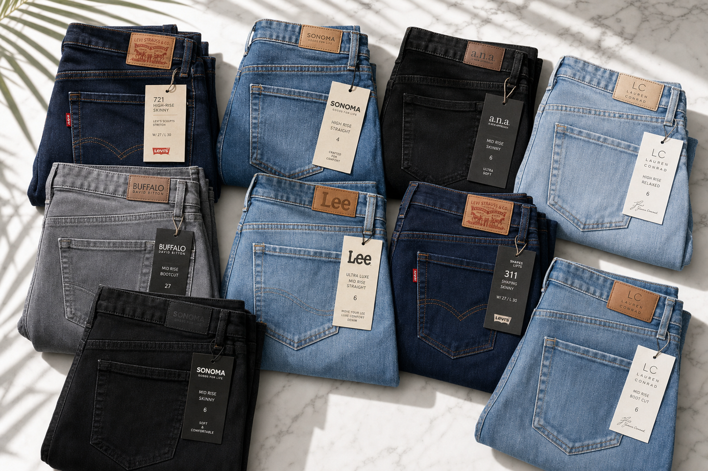 Assorted women's jeans flat-lay