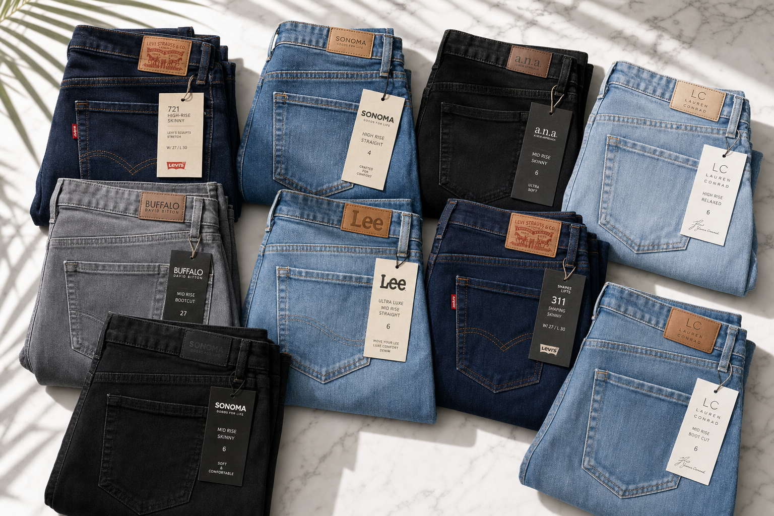 Assorted women's jeans flat-lay