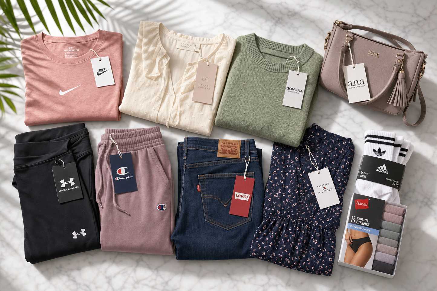 Assorted women's apparel flat-lay