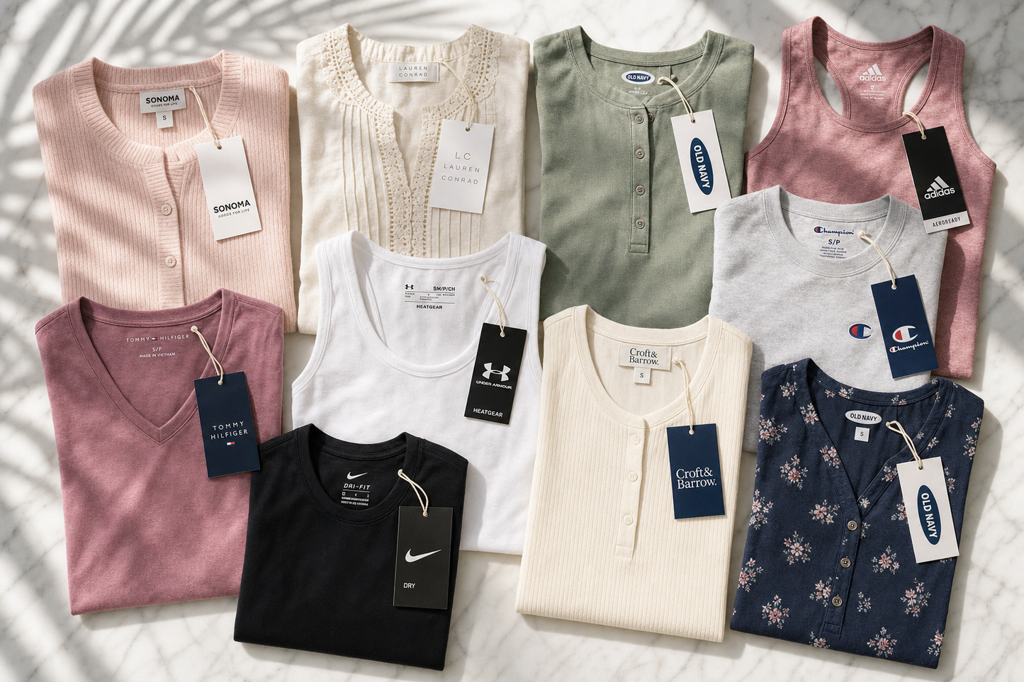 Assorted women's tops flat-lay
