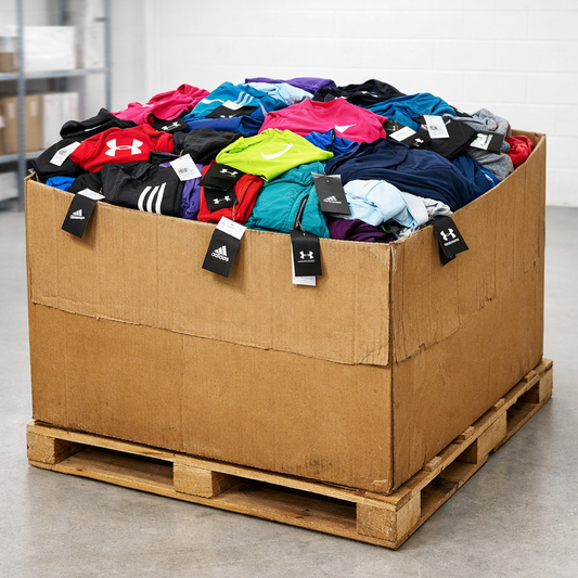 Gaylord pallet filled with brand new Nike Adidas Under Armour Columbia DSG Calia athletic wear with hard tags