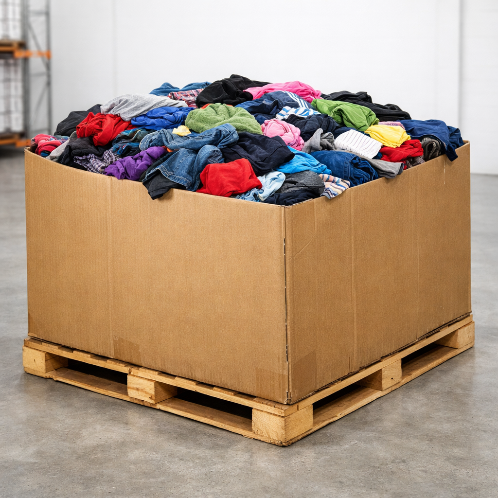 Unsorted clothing pallet gaylord filled with jumbled apparel
