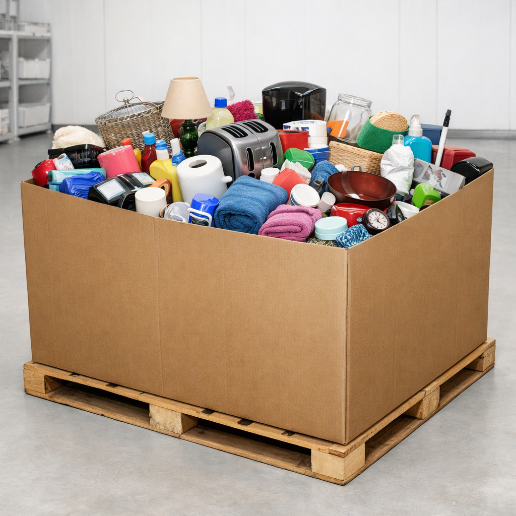 Unsorted home goods pallet gaylord filled with random household items