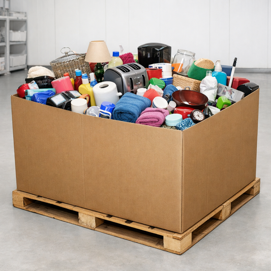 Unsorted home goods pallet gaylord filled with random household items