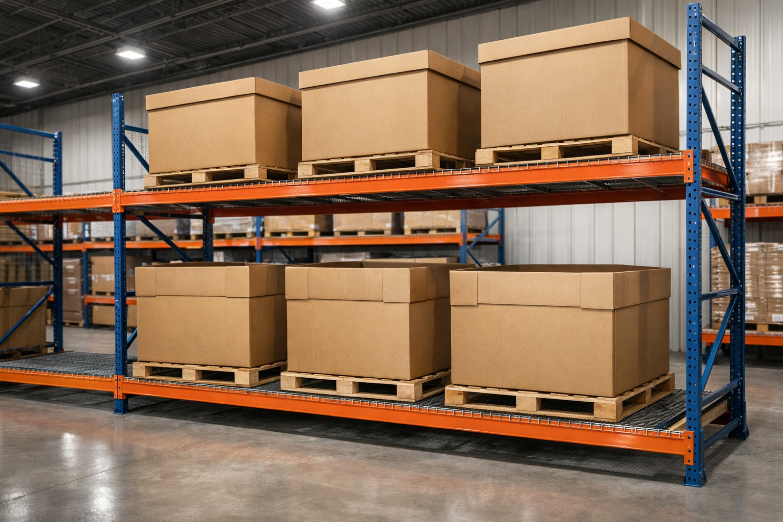 Reseller Supply Co warehouse with gaylords on pallet racking shelves